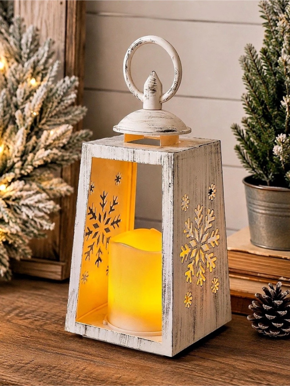 Vintage Style White Metal Snowflake Lantern LED Flameless Candle Christmas Decor